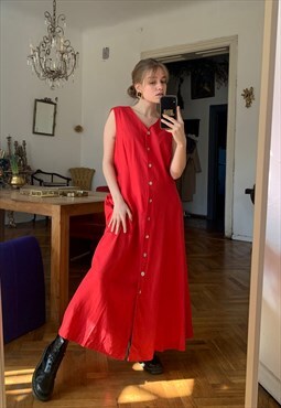 Vintage Red Linen Maxi Dress