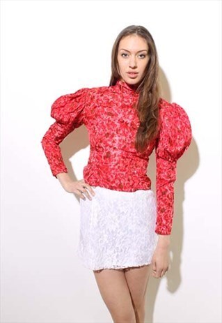 VINTAGE 1960'S 60'S VICTORIAN STYLE PUFF SLEEVE PINK TOP S-M
