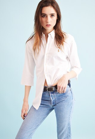 90'S RALPH LAUREN NEUTRAL DISTRESSED BOYFRIENDS SHIRT TOP