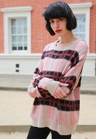LONG SLEEVE JUMPER IN PINK AND BEIGE CHECK PRINT