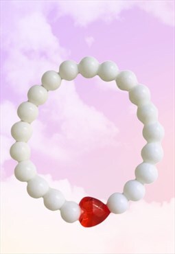 Red Crystal Love Heart - White Onyx Beaded Gemstone Bracelet