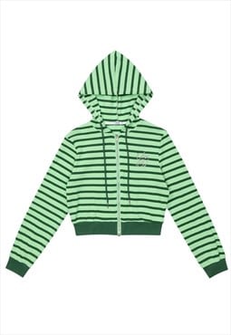 Knitted crop hoodie stripe jumper preppy zigzag top green