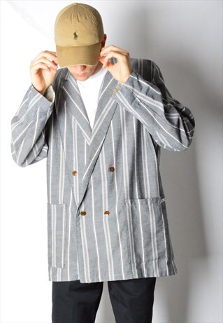 VINTAGE GREY STRIPED LINEN BLEND LIGHTWEIGHT BLAZER JACKET