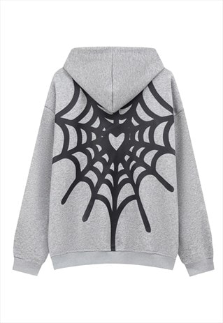 SPIDER WEB HOODIE GOTHIC PULLOVER CREEPY PUNK TOP IN GREY