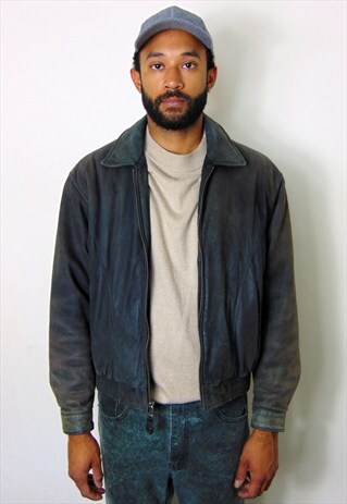 80S 90S DISTRESSED GREEN LEATHER FLIGHT BOMBER JACKET MEDIUM