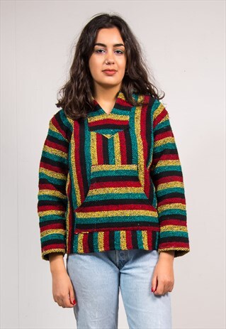 90'S VINTAGE GRUNGE MULTICOLOUR STRIPE BAJA HOODIE FESTIVAL