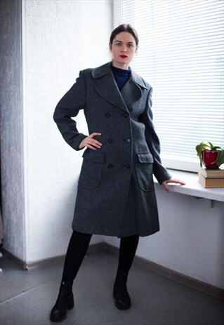 VINTAGE 80'S GREY WOOL DOUBLE BREASTED COAT