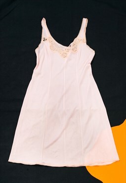 Vintage Slip Dress 70s Fairy Babydoll in Pastel Peach Lace 