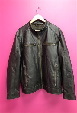 Vintage Biker Jacket Black Leather Collarless Zip