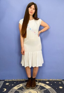 Vintage 90's Drop Waist Embroidered White Mini Dress - S