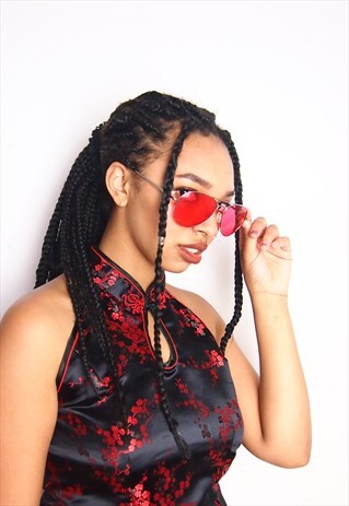 RED LENS AVIATOR FESTIVAL SUNGLASSES WITH SILVER FRAME