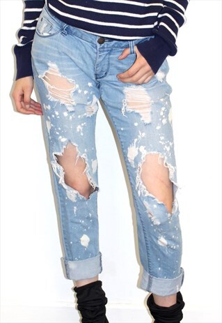 VINTAGE 90S HIPSTER RIPPED FRAYED BLEACHED DENIM BLUE JEANS