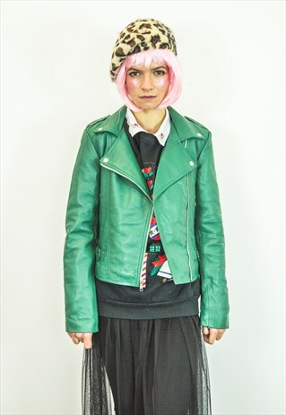 SHEEPSKIN LEATHER BIKER JACKET IN AQUA GREEN