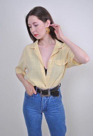 80S YELLOW PLAID SHIRT, VINTAGE SUMMER PATTERN BLOUSE