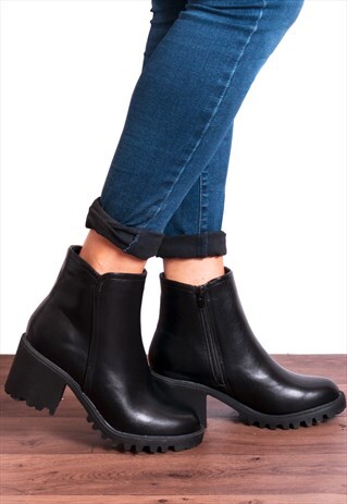 BLACK FAUX LEATHER RUGGED SOLE ZIP UP ANKLE BOOTS