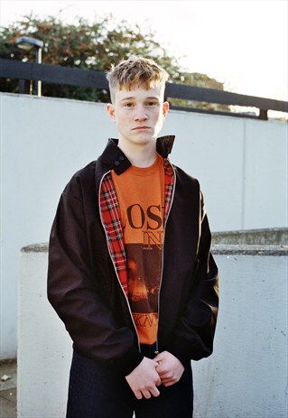 BLACK HARRINGTON JACKET WITH CONTRAST TARTAN LINING