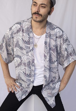 UNISEX WHITE DRAGON PATTERNED SHORT KIMONO SHIRT
