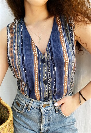 VINTAGE 80S BOHEME ETHNIC PRINT BLOUSE TOP GILET BOHO