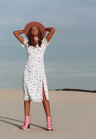 VINTAGE INSPIRED FLORAL MIDI DRESS WITH LEG SPLIT PALE BLUE