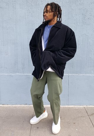 90S SKATER ZIP FRONT BLACK CORDUROY SHERPA LINED COAT