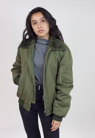 VINTAGE 90'S FUR COLLAR GREEN BOMBER JACKET