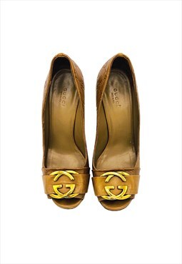 Gucci Heels Marmont GG Logo Tan Leather Gold Buckle Vintage