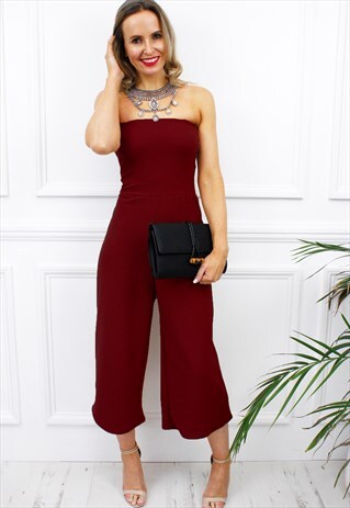 BURGUNDY STRAPLESS BANDEAU WIDE CULOTTES PALAZZO JUMPSUIT