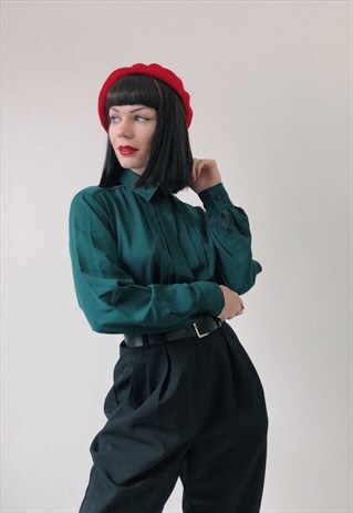 90S VINTAGE DARK GREEN PLEATED EMBROIDERED BLOUSE SHIRT