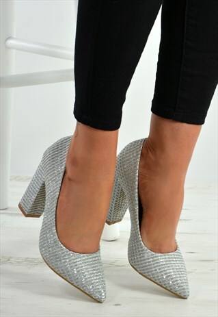 SILVER GLITTER SPARKLE SLIP ON BLOCK HEELS COURT PUMPS