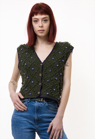 Deep Green Floral Embroidered Popcorn Knit Vest 4976