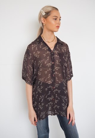 VINTAGE BROWN SEMI SHEER FLORAL SHIRT