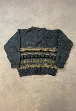 VINTAGE KNITTED JUMPER ABSTRACT PATTERNED GRANDAD SWEATER