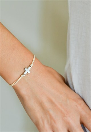 STAINLESS STEEL SILVER TONE CROSS BRACELET BEIGE, CHRISTIAN