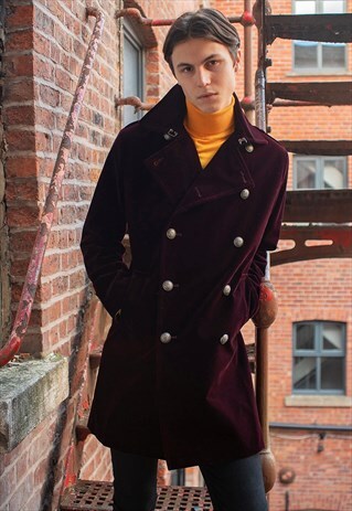 MENS BURGUNDY VELVET MILITARY RETRO PEA COAT