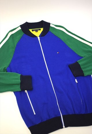 VINTAGE 90S TOMMY HILFIGER BLUE KNITTED ZIP UP JACKET