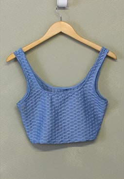 Vintage Y2K Crop Vest Top Blue With Textured Patterns 