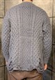 RIPPED CHUNKY SWEATER KNITTED DISTRESSED CABLE JUMPER GREY