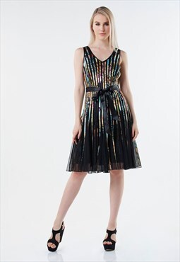Black 50's Multicoloured Printed Striped Swing Dress