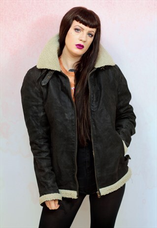 1980S VINTAGE REAL BLACK LEATHER AVIATOR FLIGHT JACKET