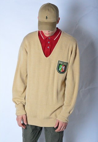 VINTAGE 80S BEIGE V-NECK POLICE WOOL BLEND JUMPER