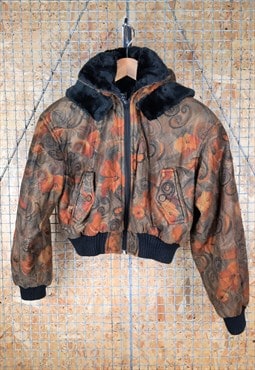 Cropped Abstract Pattern Hooded Jacket w Faux Fur