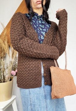 Vintage 80s brown handmade crochet buttons down cardigan
