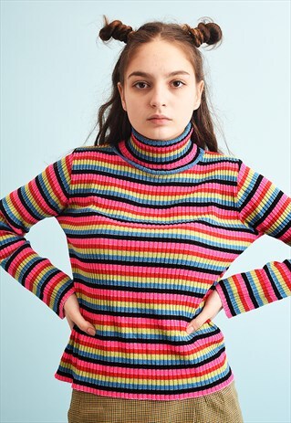 Y2K JAZZY STRIPED TURTLENECK SHIMMER TEEN KNIT JUMPER