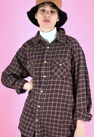 VINTAGE 90S FLANNEL SHIRT CHECK DARK GREEN YELLOW RED BROWN