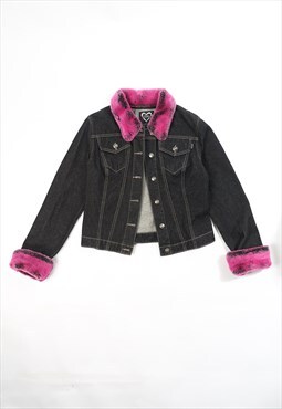 Vintage 90s XOXO denim Jacket with Pink Faux Fur Collar and 