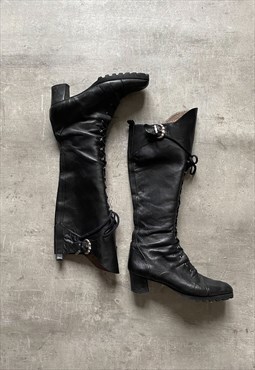 Vintage lace up real leather boots in black