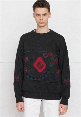 VINTAGE DARK GREY LOUIS ESTERE ROUND NECK KNIT JUMPER