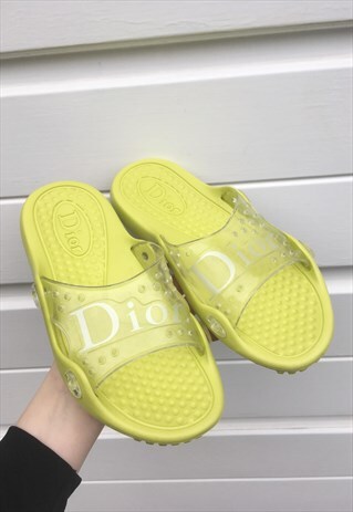 WOMENS VINTAGE 80S DIOR SLIDES GREEN YELLOW FLIP FLOPS SHOES
