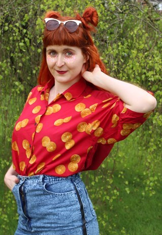 VINTAGE 80S TED BAKER RED FESTIVAL SHIRT WITH COIN PRINT