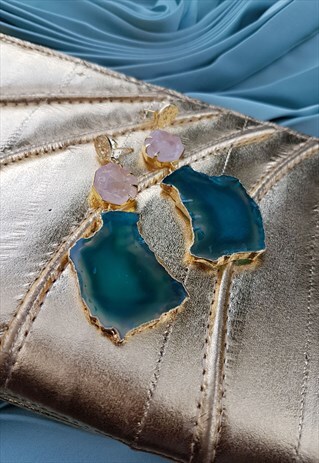 'HOLD ON' ROSE QUARTZ GREEN AGATE GEMSTONE GOLD EARRINGS
